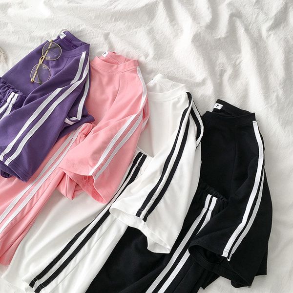 

propcm tracksuits summer striped tracksuit for women sets short sleeve t shirt two piece shorts set female loose casual sport 2pc sets ladie, Gray
