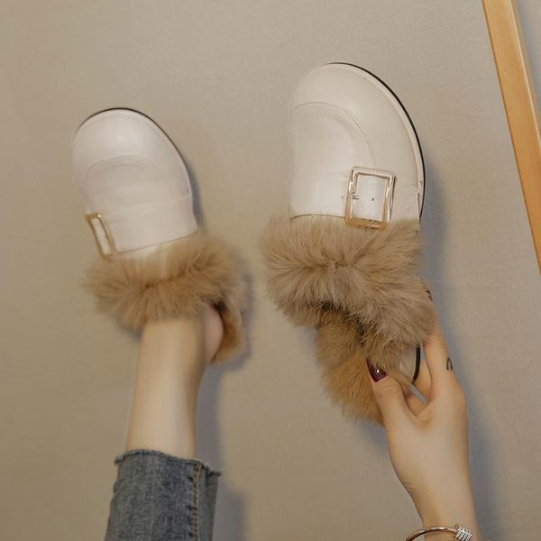 

women's shoes fur metal buckle slippers women flip flop 2021 furry slides winter warm round toe mules female, Black