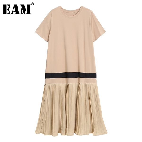 

[eam] women khaki ruffle pleated spliced dress round neck short sleeve loose fit fashion spring summer 1dd8182 210512, Black;gray