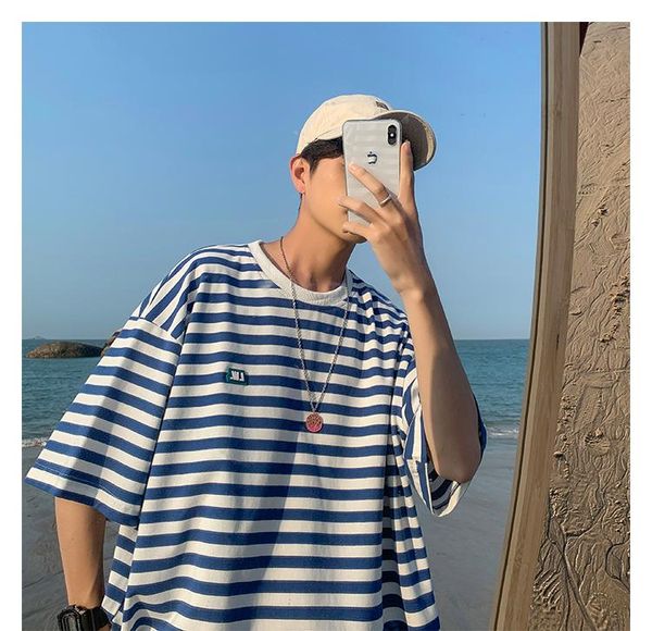 

men's t-shirts striped hip hop personalized letter printing korean loose student short sleeve t-shirt for men and women, White;black