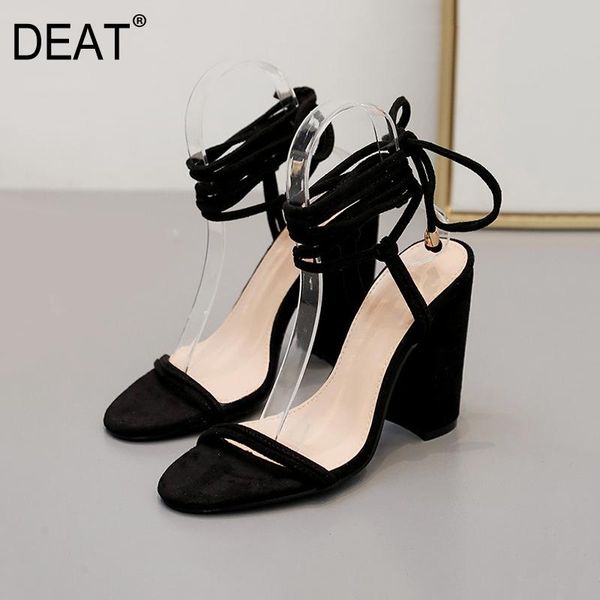 

dress shoes [deat] 2021 spring summer round toe black ankle strap temperament flock high heels sandals for women fashion 10g729