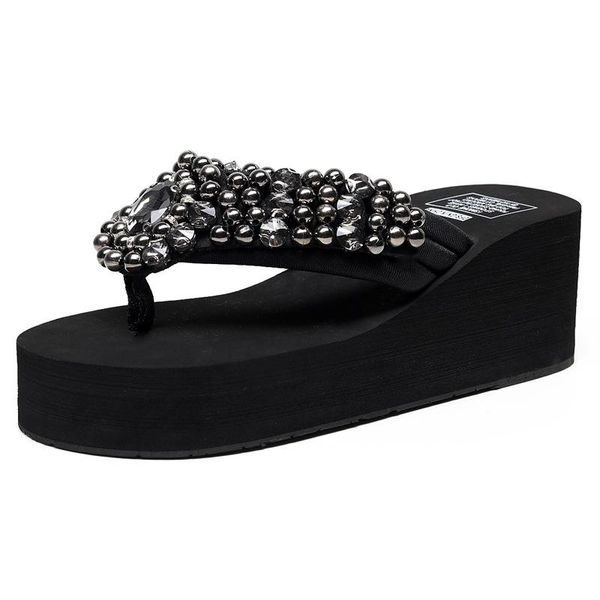

sandals women summer flat pearl flip flops rome shoes string bead slippers mujer gladiator sandalias sapatos femininos, Black