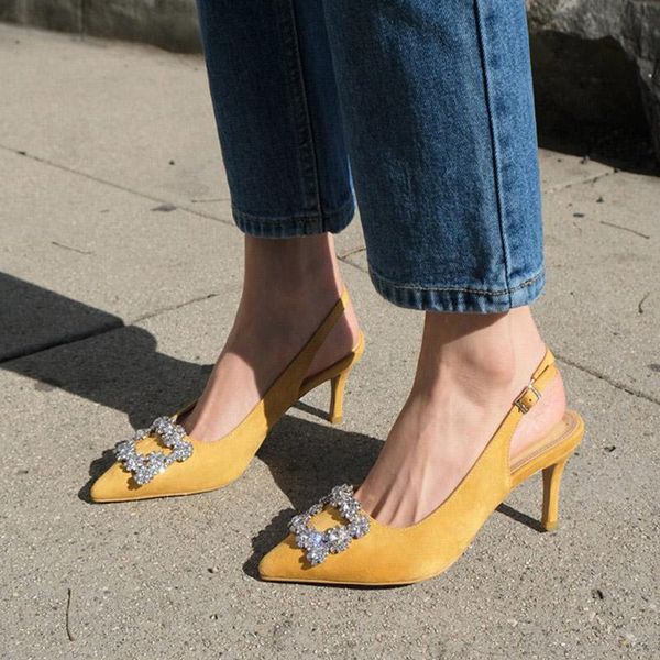 

dress shoes ladies high women pointed heels rhinestone women's buckle fashion toe sandals 2021 woman slingbacks female plus size, Black