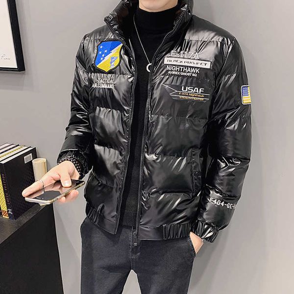 

winter men jacket fashion bright embroidered stand-collar cotton puffer thick parka warm casual streetwear hip hop overcoat 210527, Black