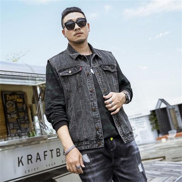 

men's vests plus size m -5xl6xl7xl denim vest 2021 summer fashion waistcoat male casual grey blue jeans jacket men, Black;white