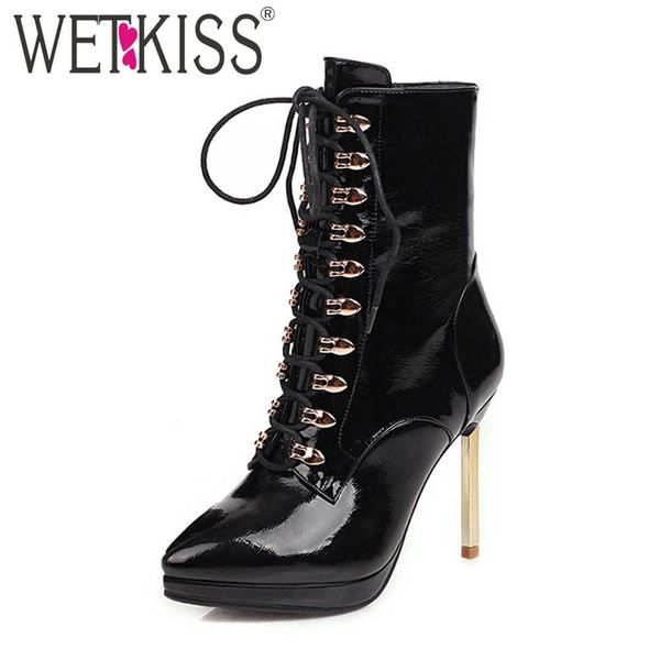 

wetkiss stiletto ankle boots women cross tied thin high heels booties pointed toe platform skid proof shoes woman fashion 210630, Black