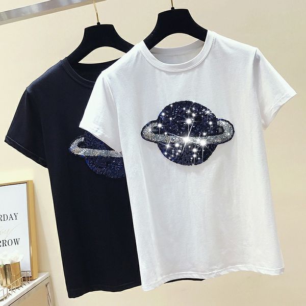 

women's blouses & shirts embroidered sequins cotton short sleeve shirt female planet casual loose black white o neck fashion