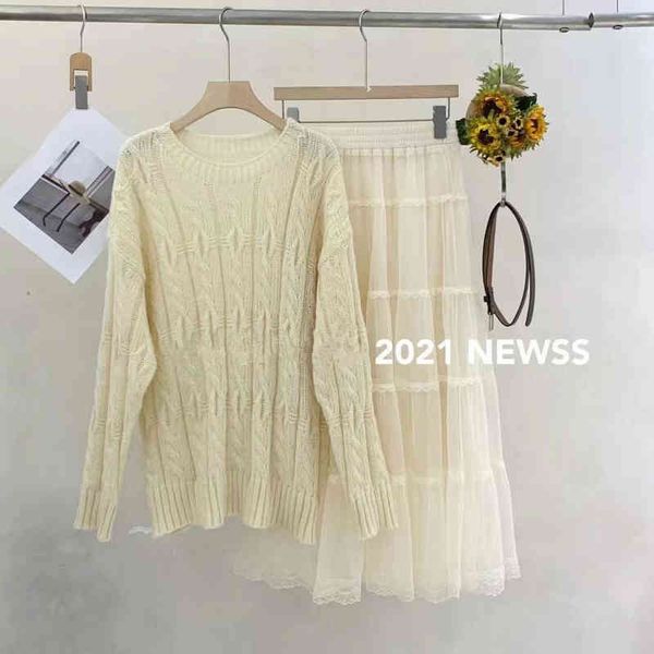 

two piece dress early autumn fashion temperament releases 2 pices sweater set + fairy long gauze skirt of two suit parts together for woman, White