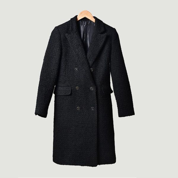 

women's wool & blends 2021 autumn and winter temperament wild suit collar tweed blend long coat, Black