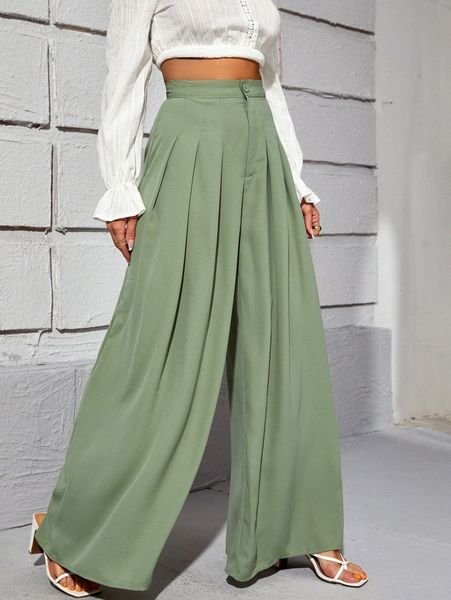 

high waist fold pleated wide leg pants l810#, Black;white