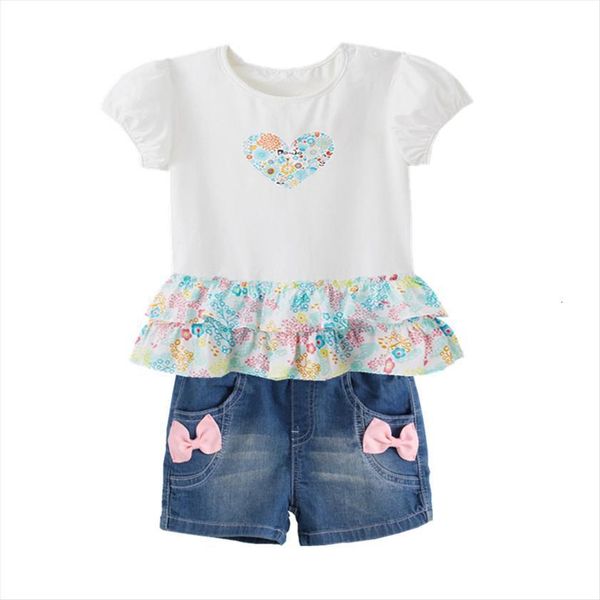 

children baby girl clothes set summer clothing printed pattern t shirt denim shorts toddler girls casual sets, White