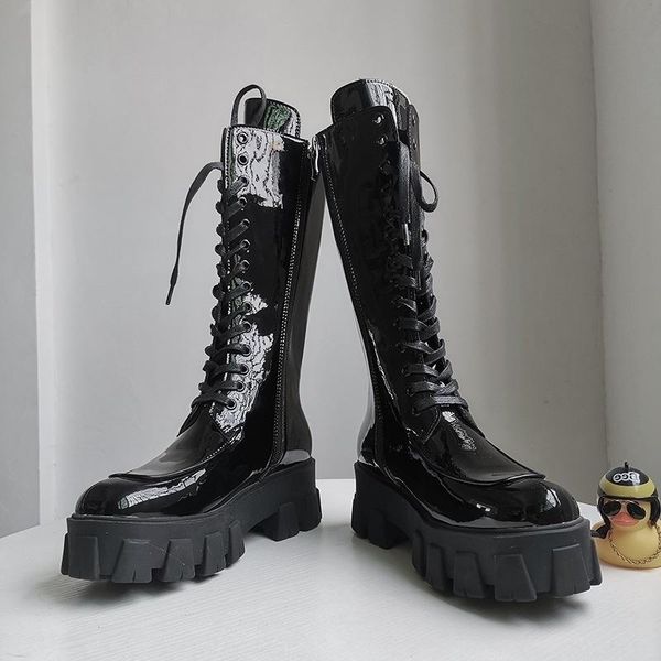 

dress shoes women's boots british style fall winter 2021 patent leather long tube thick bottom front lace over knee, Black