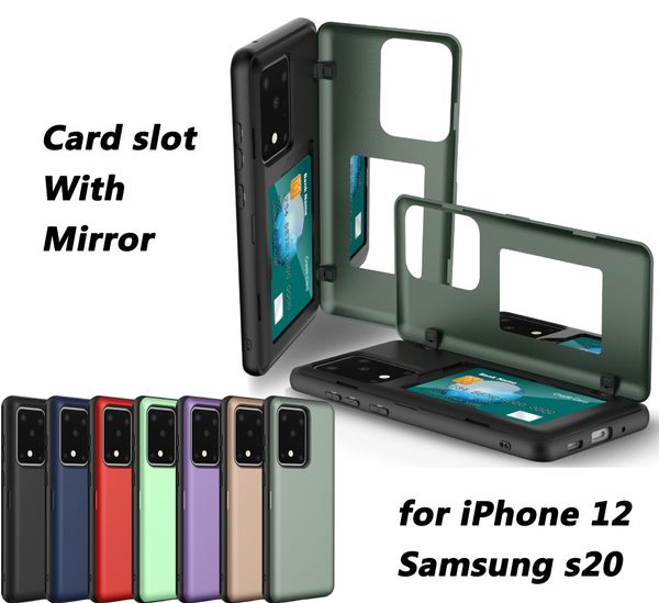 Kartensteckplatz, Anti-Fall-Panzerung, stoßfeste, faltbare Schutzhüllen für Samsung S20 S10 S9 Ultra, iPhone 12 11 Pro X XS XR MAX 7 8 6 6S PLUS, Spiegel-Ständer, Hybrid-Abdeckung