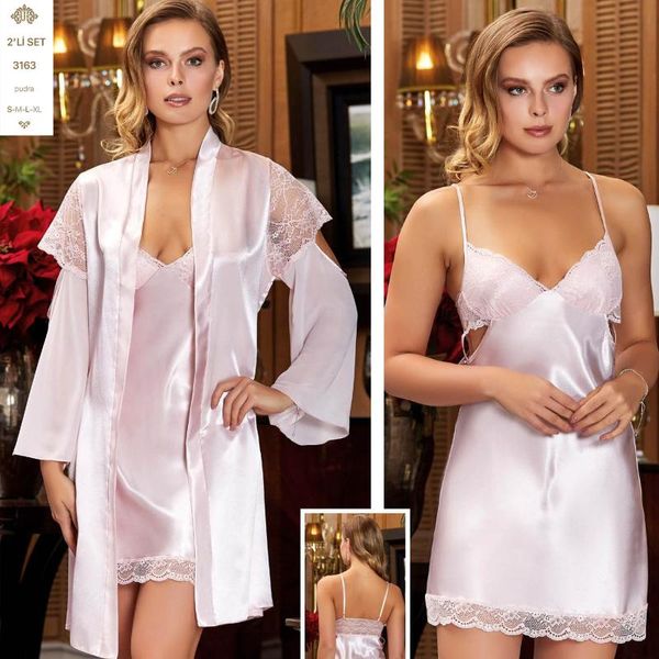 

satin nightdress robe gown homewear sleepwear nightwear lace trim 2 pieces set jeremi 3163 women's, Black;red