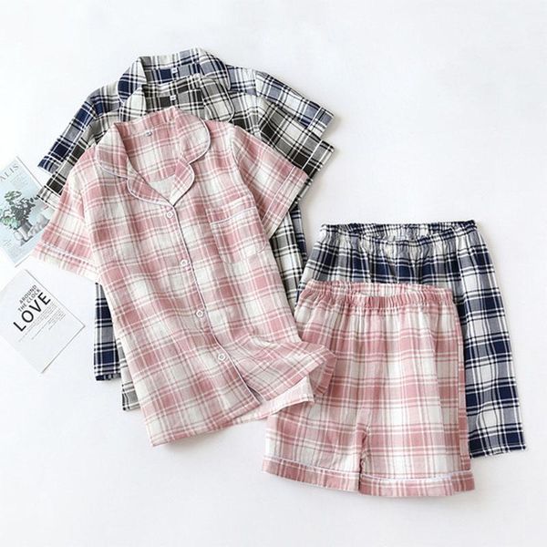 

men's sleepwear matching couple pajamasilk dyed lattice suit pijamas short sleeve + striped pants his-and-her home pyjama, Black;brown