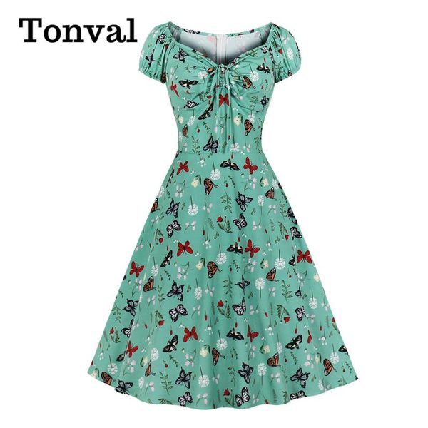 

casual dresses tonval butterfly and floral print short sleeve summer dress women drawstring sweetheart neck a-line 50s vintage clothes, Black;gray