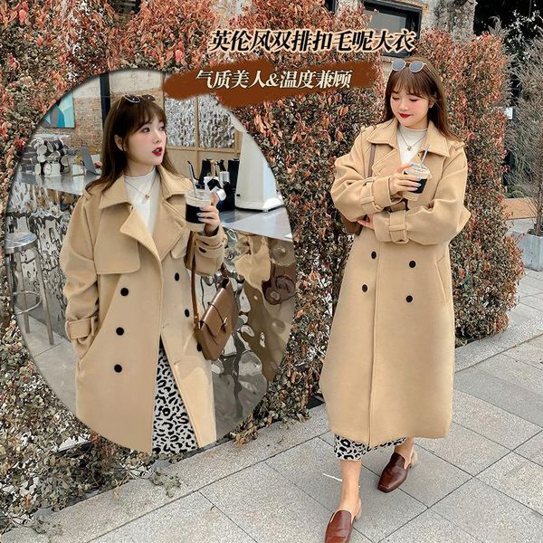 

women's wool & blends british wind big yards cloth coat, knee-length coat in the fall and winter of cotton dress k1253 fertilizer incre, Black