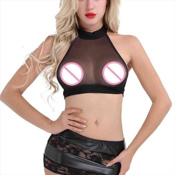 

crop mesh halter women cami neck sleeveless backless sheer wetlook bra slim high quality, White