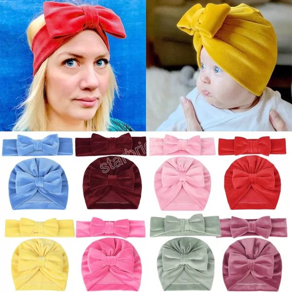 Baby Kinder Bowknot Hut Mutter Bogen Stirnband 2 teile/satz Kinder Kopfbedeckung Turban Einfarbig Samt Hut Erwachsene Haarband Set