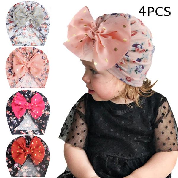 

caps & hats 4pc toddler kids girls baby turban knotted bow hat cap floral watermelon headband cotton hair band headwear, Yellow