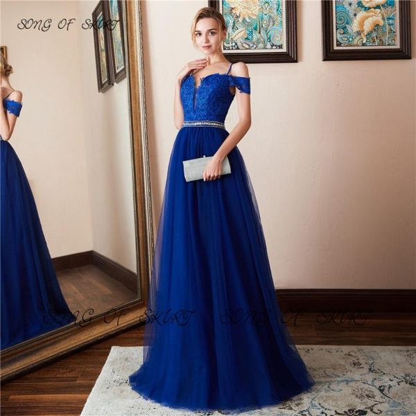 

party dresses classic off the shoulder royal blue evening spaghetti strap lace tulle prom gown princess dance skirt, White;black