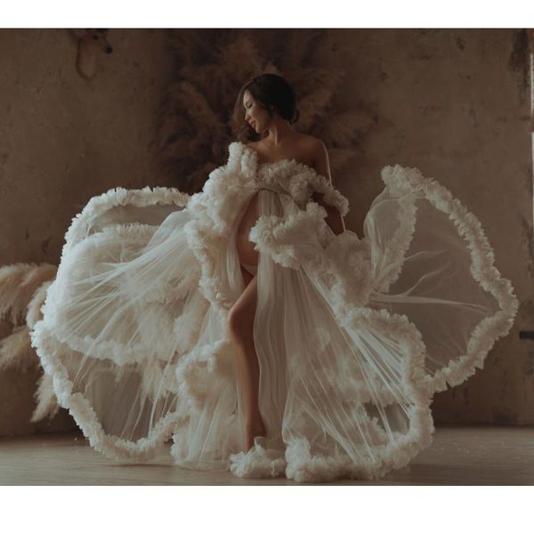 

casual dresses pretty ruffles tulle long maternity robes with hood poshoot flounce a-line women formal event night gowns, Black;gray