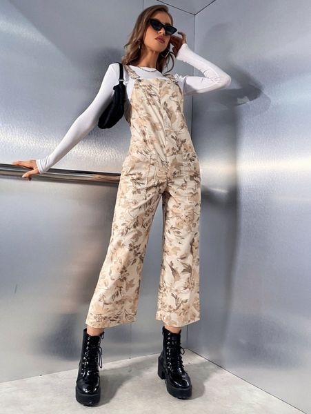 

floral print slant pocket overall jumpsuit l7ki#, White