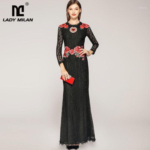 

casual dresses lady milan women's o neck long sleeves embroidery lace elegant floor length maxi party wear runway, Black;gray