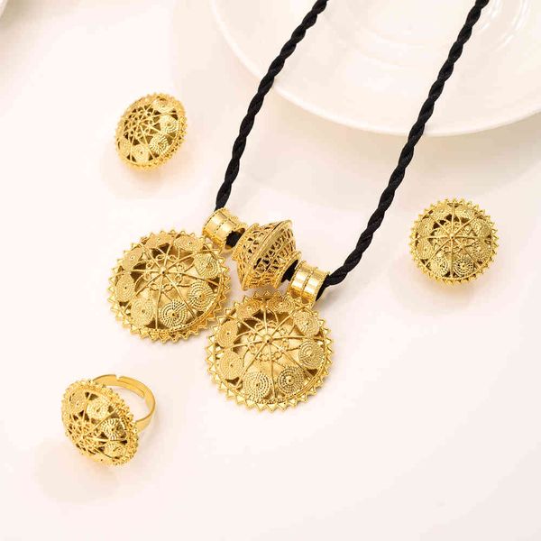 

jewelry sets new ethiopian big flower pendant clip earrings women gold african wedding bridal setgift habesha girls charm, Black
