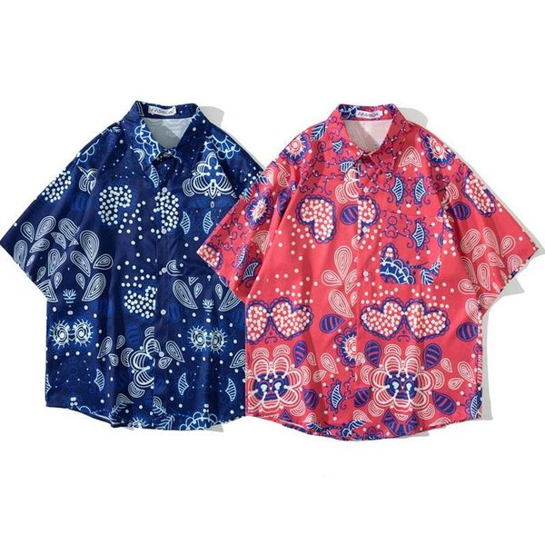 

men's casual shirts men shirt short sleeve blue red 2021 summer loose pocket love flowers male thin comfortable chinese style s65, White;black