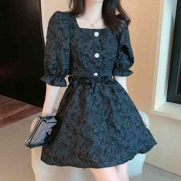 

summer two piece sets womens tracksuits elegant sweet jacquard square collar puff sleeve button chic a line mini skirt, Gray