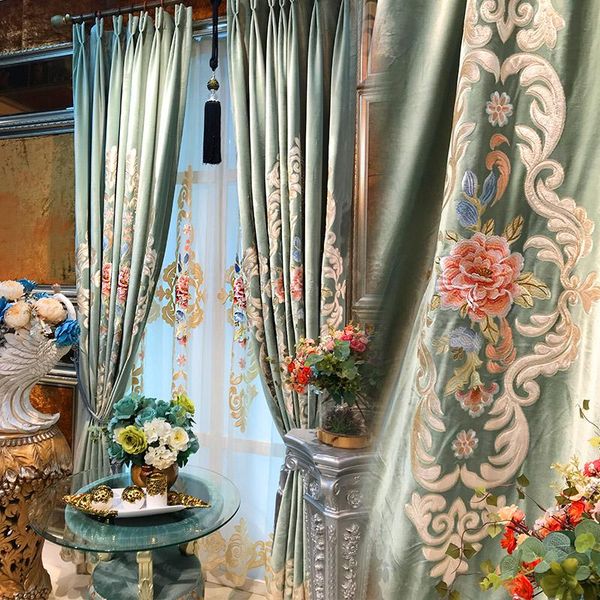 

curtain custom embroidery gauze european american living room balcony blue green bay window french atmosphere & drapes