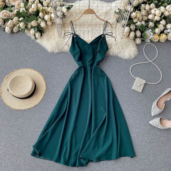 

singreiny women korean strap dress v neck sleeveless backless a-line party dress summer off shoulder holiday beach sundress 210419, Black;gray