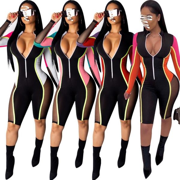 

women's jumpsuits & rompers fashion womens playsuits multicolored patchwork sheer mesh jumpsuit zipper skinny short long sleeve bodycon, Black;white