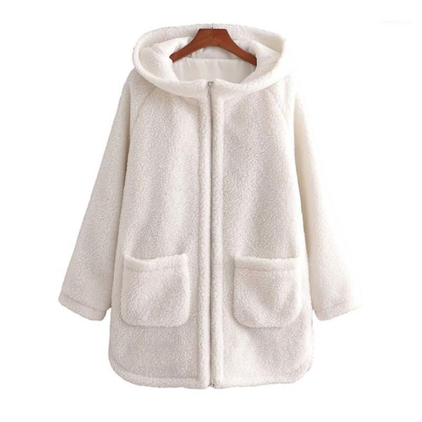 

women's wool & blends casual woman loose beige lambswool hooded coat fashion ladies winter oversized warm outwear female zipper ja, Black