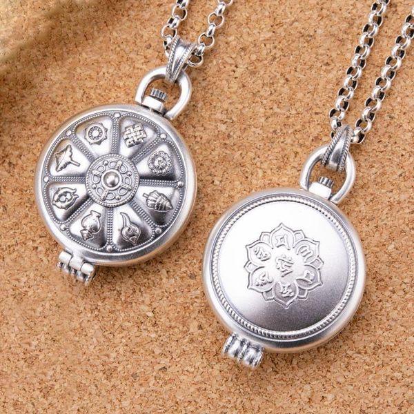 

chains retro silver necklace eight treasure lotus six-character mantra openable pendant sweater chain jewelry accessories