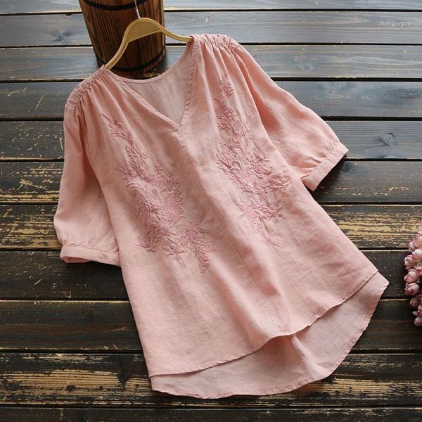 

summer 2021 women v neck white embroidery short sleeve linen blouse shirt , woman clothes womens 5xl blouses women's & shirts