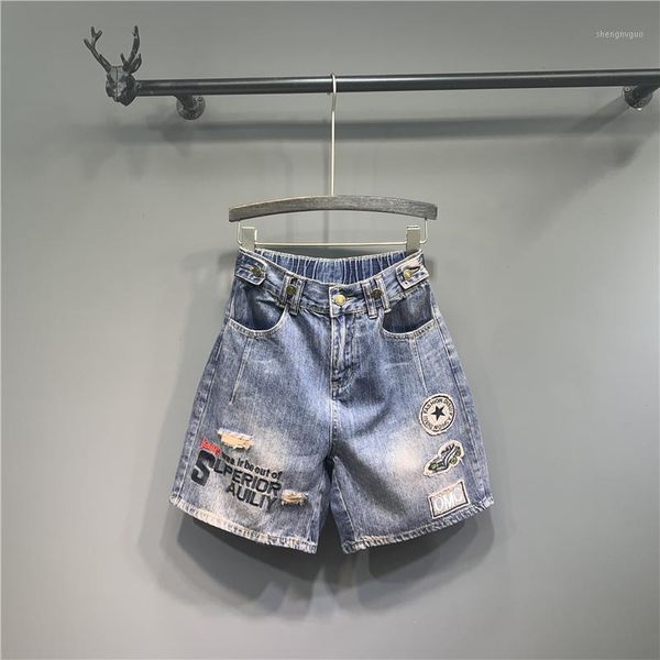 

women's jeans short blue female high-waist femme plus-size summer women hole embroidery dm001