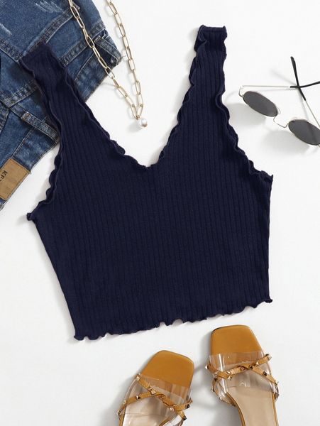 

solid rib-knit lettuce trim tank 80fz#, White