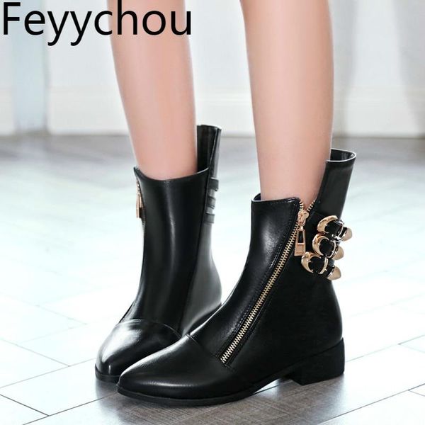 

women boots autumn winter med heel pointed toe 2021 knight shoes fashion zip buckle mid-calf motorcycle black yellow