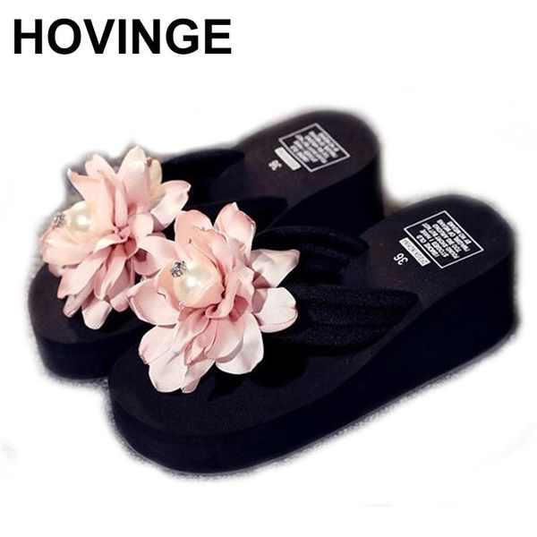 

handmade flowers woman beach flip flops summer sandals slip- resistant slippers platform shoes sandalia, Black