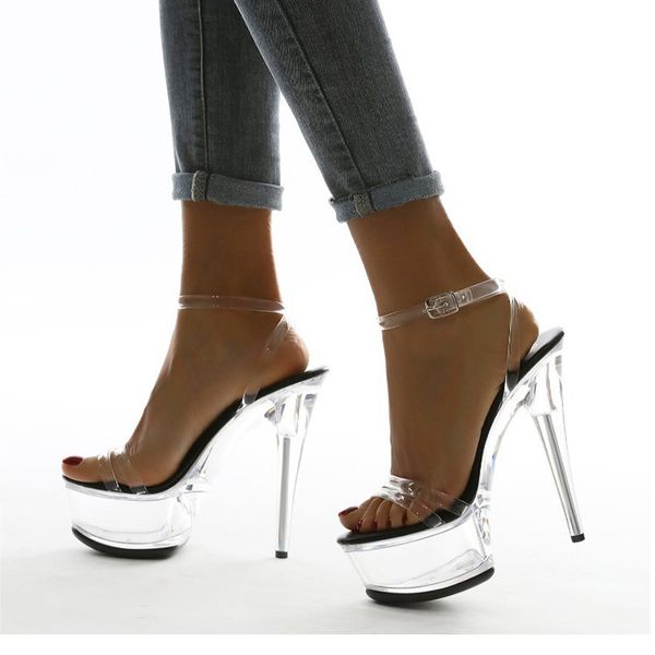 

2021 womens transparent ankle strap sandals ladies stiletto super high heels female platform shoes woman casual footwear, Black
