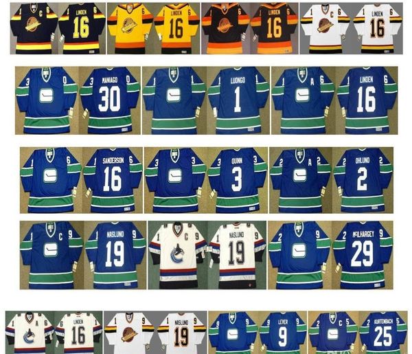 

Vintage Vancouver Canucks Jersey 3 PAT QUINN 16 DEREK SANDERSON 2 mattias ohlund 19 Markus Naslund 29 JACK McILHARGEY maniago Retro Hockey, Colour 7