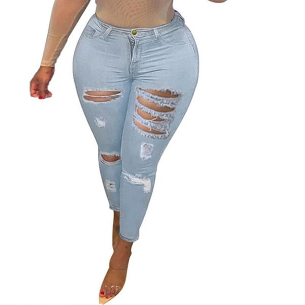 

women's jeans style fashion ripped women pencil pants plus size lady narrow leg high skinny straight trouser stretch denim, Blue