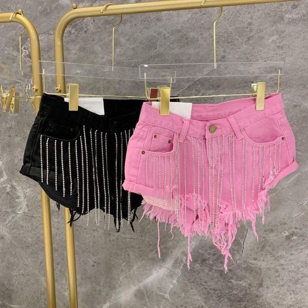 

summer 2021 wear heavy tassels nail diamond beads high all-match thin waist cowboy shorts women's, White;black