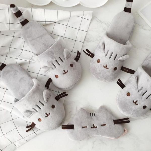 

slippers female furry cat indoor warm faux fur cute cartoon winter home floor shoes woman lovers soft plush house slipper sh468, Black