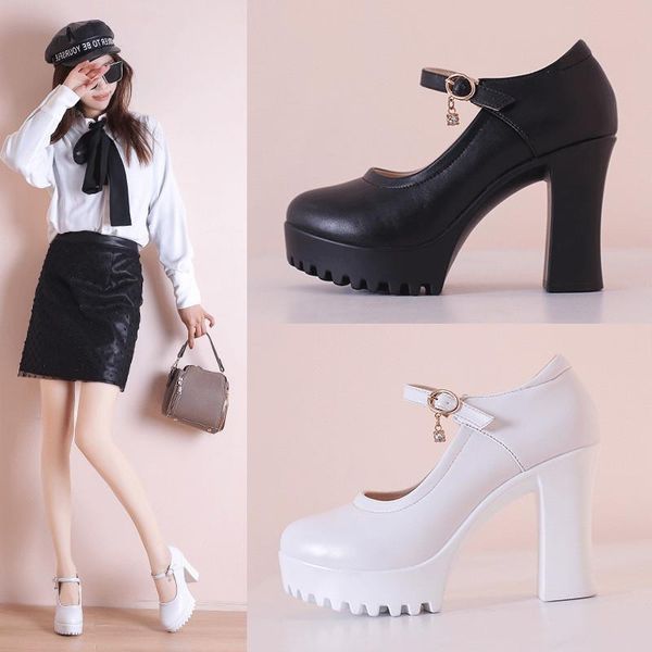 

dress shoes block heels 10cm platform pumps women wedding 2021 spring buckle high heel ladies party office shoe white 41, Black