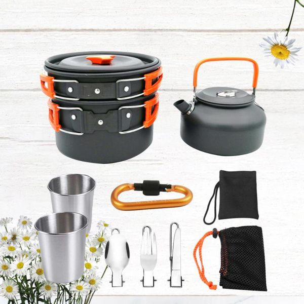 

set/8 teilig outdoor camping non-stick pan tableware portable teapot 2-3 people cooking tool set for (orange) pans