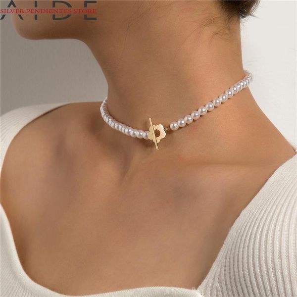 

chains aide simple imitation pearl necklace for women 2021 trend brooch chain flower short collares gold fashion jewelry, Silver