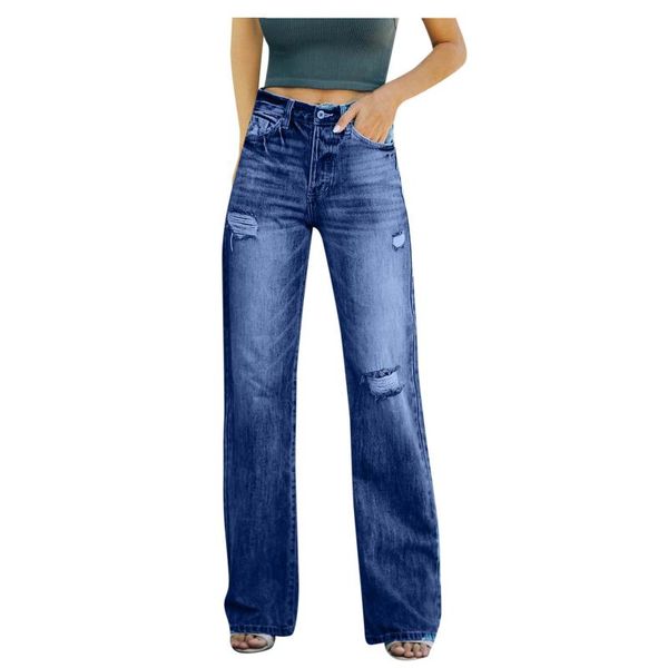 

women's jeans women high waist korean button pocket denim wide leg pants straight long trousers y2k pantalon pour femme, Blue